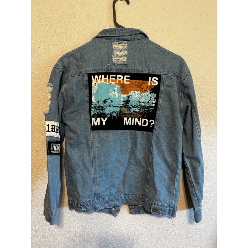 Black Hole Distressed Denim Jacket Where Is My Mind Graphic Patch Blue Small